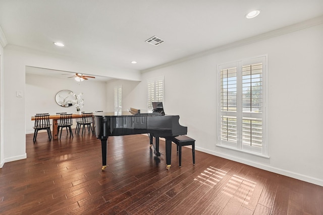 sitting room featuring ornamental molding, ceiling fan, hardwood / wood-style flooring, baseboards, and recessed lighting