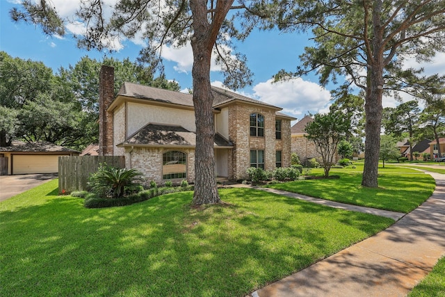 traditional home with a chimney, stucco siding, and a garage