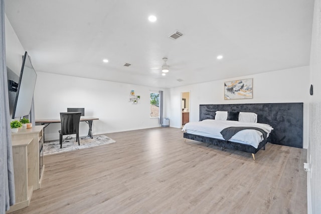 16815 Watering Oaks Ln, Houston, TX 77083 - bedroom featuring light wood-style flooring, a desk, recessed lighting, baseboards, and a ceiling fan