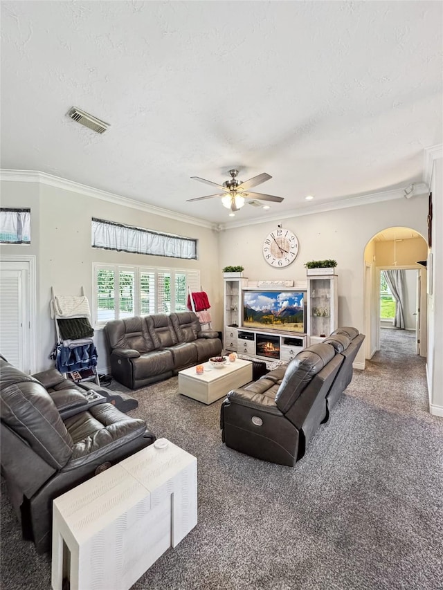 103 Deer Trl, Lake Jackson, TX 77566 - carpeted living room with arched walkways, ceiling fan, crown molding, plenty of natural light, and a textured ceiling
