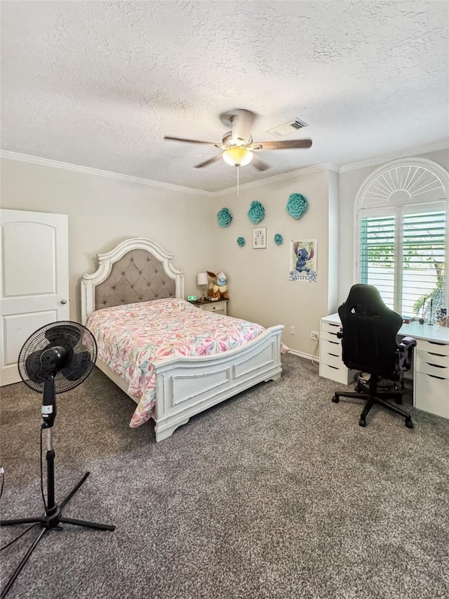 103 Deer Trl, Lake Jackson, TX 77566 - carpeted bedroom with crown molding, a textured ceiling, a desk, and a ceiling fan