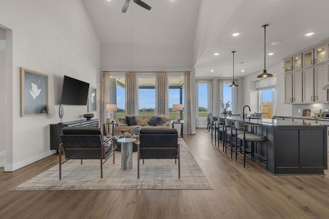 21705 Southern Valley Ln, New Caney, TX 77357 - living area with a ceiling fan, wood finished floors, baseboards, recessed lighting, and a towering ceiling