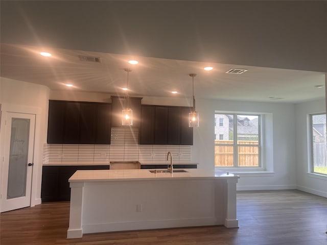 21705 Southern Valley Ln, New Caney, TX 77357 - kitchen featuring a sink, decorative backsplash, wood finished floors, a center island with sink, and dark brown cabinetry