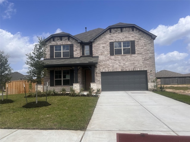21705 Southern Valley Ln, New Caney, TX 77357 - craftsman house featuring an attached garage, concrete driveway, brick siding, and a porch