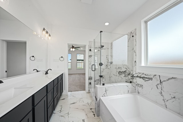 21705 Southern Valley Ln, New Caney, TX 77357 - bathroom featuring a garden tub, marble finish floors, a ceiling fan, a marble finish shower, and recessed lighting