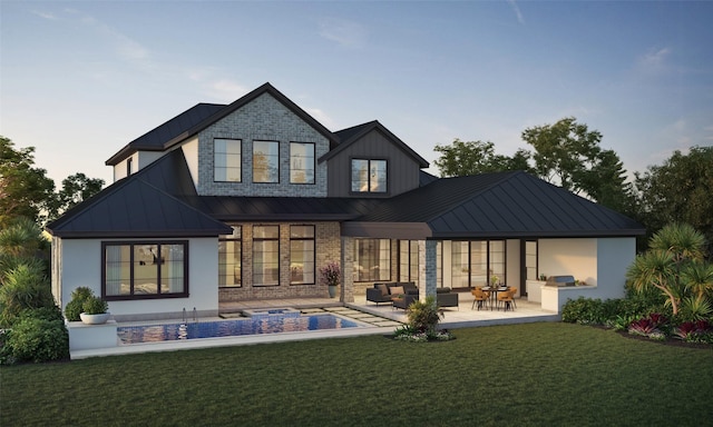 30 Johnathan Landing Ct, Spring, TX 77389 - back of house with a standing seam roof, an outdoor living space, a lawn, and metal roof