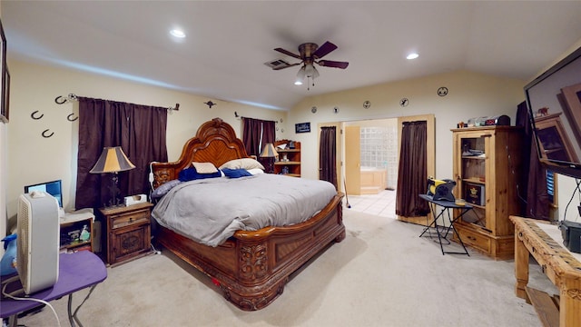 19115 Shay Ln, Humble, TX 77346 - bedroom featuring lofted ceiling, light carpet, recessed lighting, and ceiling fan