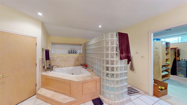 19115 Shay Ln, Humble, TX 77346 - full bathroom with a jetted tub, tile patterned flooring, walk in shower, and recessed lighting