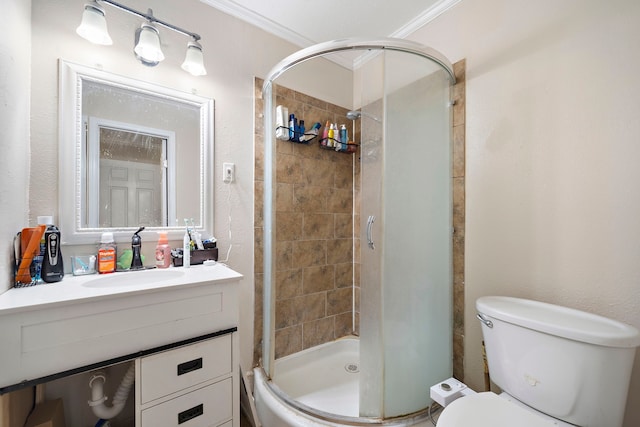 23114 Laura, New Caney, TX 77357 - full bath featuring a shower stall, toilet, ornamental molding, and vanity