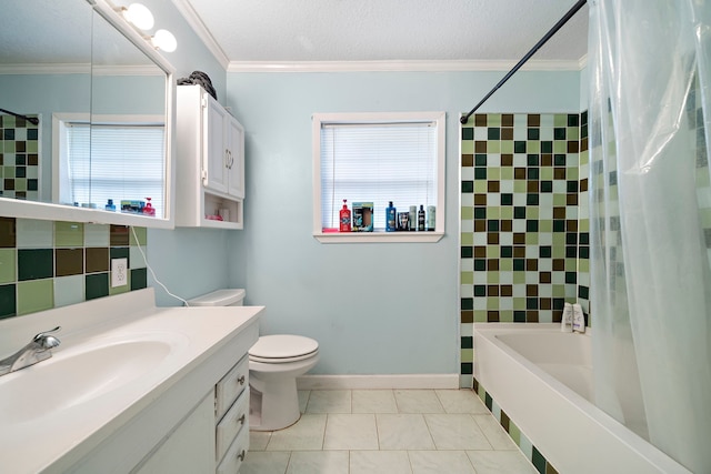 23114 Laura, New Caney, TX 77357 - full bathroom with shower / bath combo with shower curtain, plenty of natural light, vanity, toilet, and crown molding