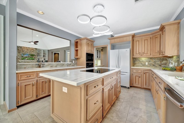 kitchen featuring black appliances, a sink, backsplash, and ornamental molding