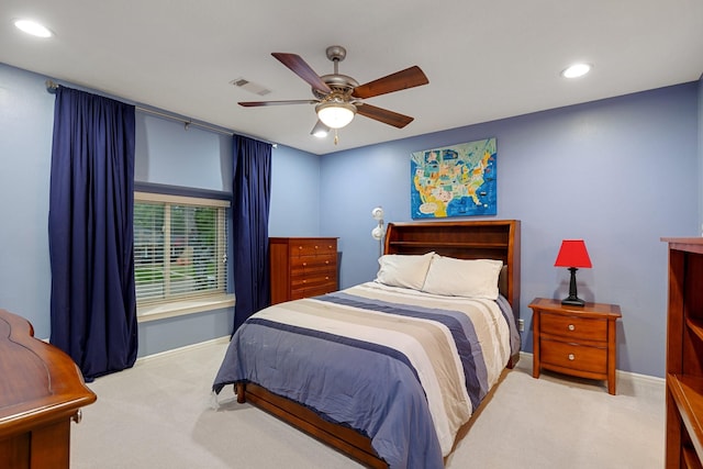 bedroom featuring carpet flooring, baseboards, a ceiling fan, and recessed lighting