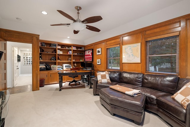 office with ceiling fan, recessed lighting, and light carpet