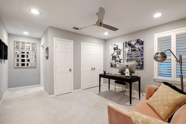 office featuring baseboards, a ceiling fan, carpet, and recessed lighting