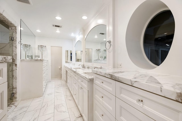 bathroom featuring marble look tile flooring, a marble finish shower, recessed lighting, vanity, and toilet