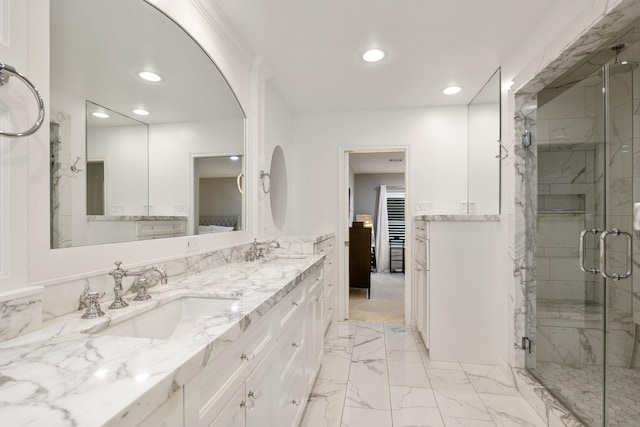 full bathroom with recessed lighting, a marble finish shower, marble look tile flooring, double vanity, and connected bathroom