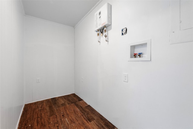 139 Holly Rdg, Onalaska, TX 77360 - laundry area with washer hookup, crown molding, dark wood finished floors, and electric panel