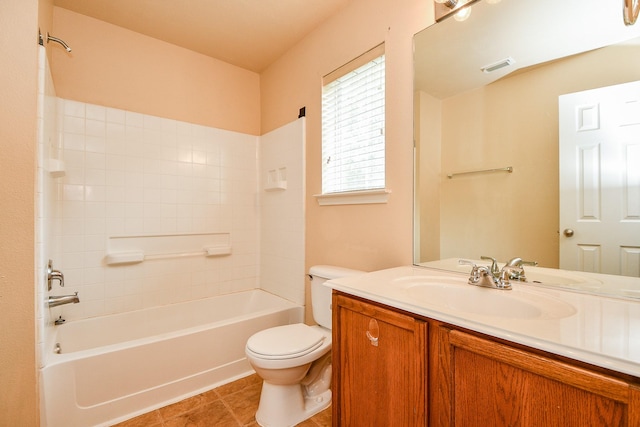 full bathroom featuring toilet, vanity, shower / bathtub combination, and tile patterned flooring