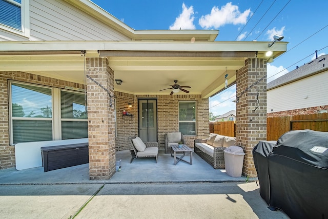 20703 Fawn Timber Trl, Humble, TX 77346 - view of patio / terrace with ceiling fan, fence, outdoor lounge area, and area for grilling