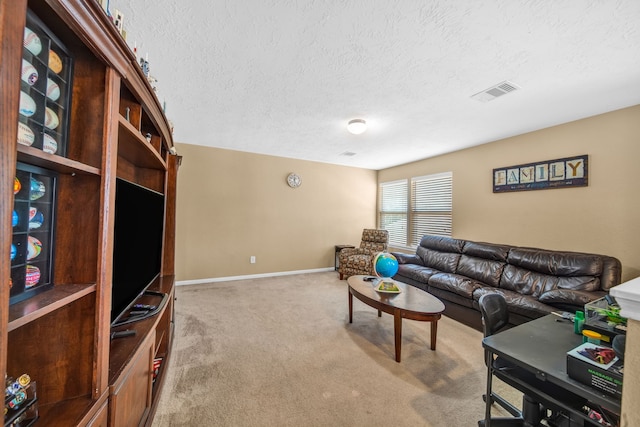 20703 Fawn Timber Trl, Humble, TX 77346 - living room featuring carpet, a textured ceiling, and baseboards