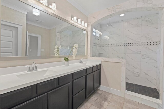 18135 Moonlit River Dr, Cypress, TX 77433 - full bath featuring crown molding, a walk in shower, double vanity, and tile patterned flooring