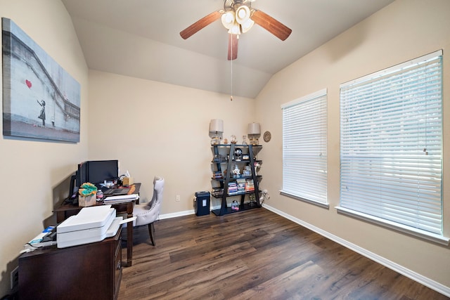 3418 Daniel Falls Ln, Katy, TX 77449 - office with a ceiling fan, dark wood finished floors, baseboards, and vaulted ceiling