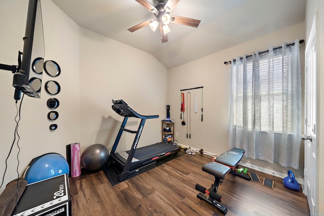 3418 Daniel Falls Ln, Katy, TX 77449 - exercise room featuring wood finished floors, ceiling fan, lofted ceiling, and baseboards