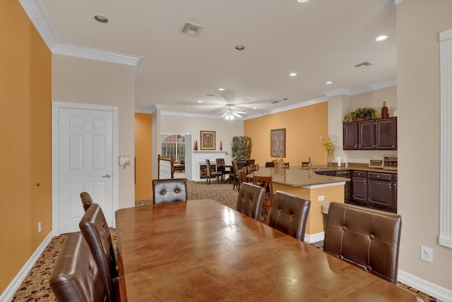 2111 Welch St Unit B201, Houston, TX 77019 - dining area featuring recessed lighting, a ceiling fan, ornamental molding, and baseboards