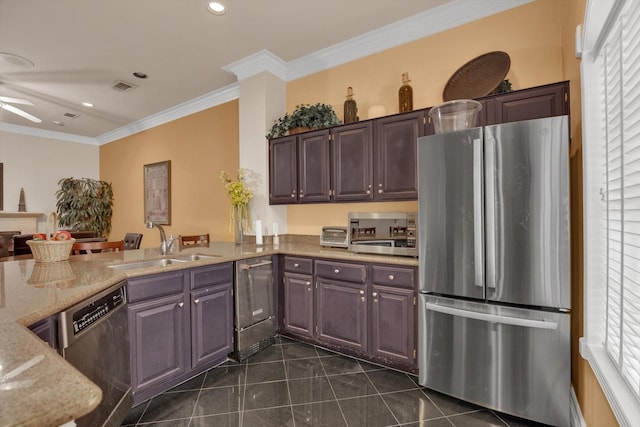 2111 Welch St Unit B201, Houston, TX 77019 - kitchen featuring stainless steel appliances, a sink, ceiling fan, crown molding, and light stone counters