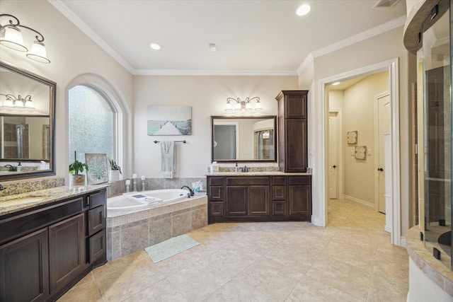 2011 Greenvine Cir, Katy, TX 77494 - full bath with a bath, crown molding, two vanities, tile patterned floors, and recessed lighting
