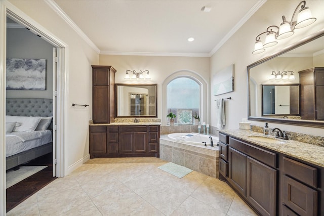 2011 Greenvine Cir, Katy, TX 77494 - full bathroom with ornamental molding, a bath, two vanities, and tile patterned floors