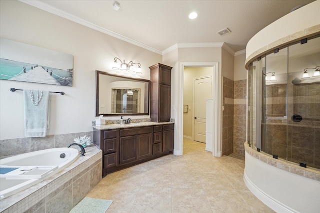 2011 Greenvine Cir, Katy, TX 77494 - full bath with a shower stall, a garden tub, ornamental molding, vanity, and tile patterned floors