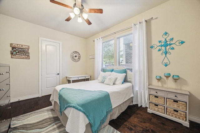 2011 Greenvine Cir, Katy, TX 77494 - bedroom featuring dark wood-type flooring, baseboards, ceiling fan, and lofted ceiling