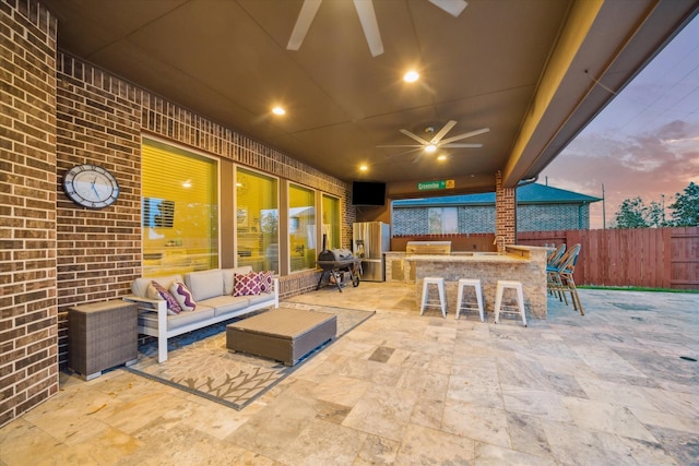 2011 Greenvine Cir, Katy, TX 77494 - view of patio / terrace with an outdoor bar, fence, outdoor lounge area, area for grilling, and a ceiling fan