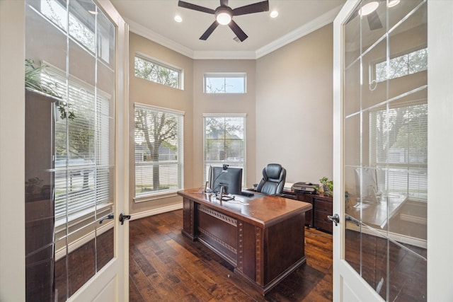 2011 Greenvine Cir, Katy, TX 77494 - office area with ornamental molding, dark wood-style floors, ceiling fan, a towering ceiling, and recessed lighting