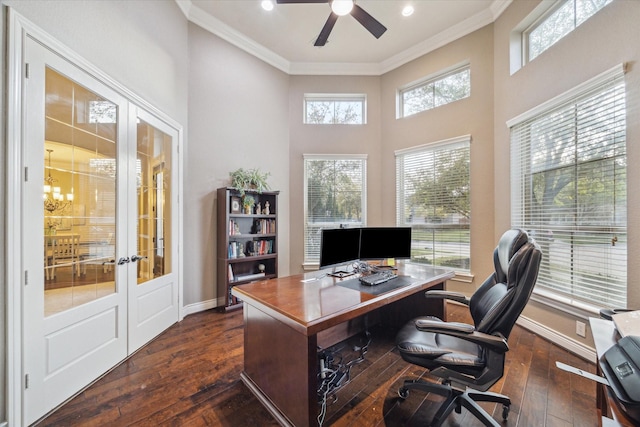 2011 Greenvine Cir, Katy, TX 77494 - office area featuring ornamental molding, dark wood-style floors, french doors, a ceiling fan, and baseboards