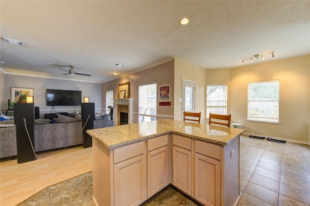 1635 Pebble Banks, Pasadena, TX 77586 - kitchen featuring open floor plan, a ceiling fan, light stone countertops, a fireplace, and ornamental molding