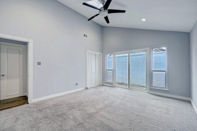3307 Chris Dr, Houston, TX 77063 - spare room with carpet, baseboards, a ceiling fan, high vaulted ceiling, and recessed lighting
