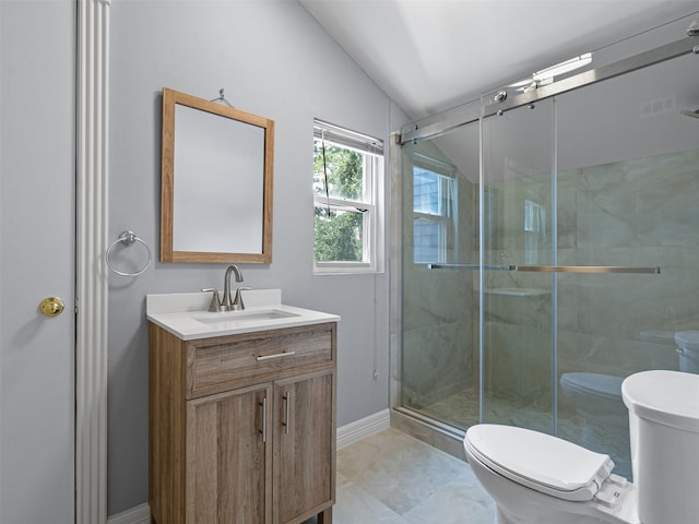 3307 Chris Dr, Houston, TX 77063 - bathroom with lofted ceiling, toilet, baseboards, vanity, and a stall shower