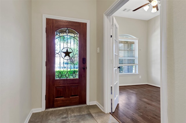 19219 S Cottonwood Green Ln, Cypress, TX 77433 - foyer entrance featuring a ceiling fan, baseboards, and wood finished floors