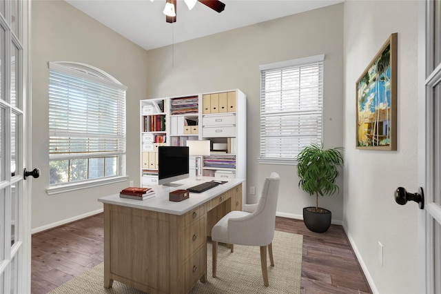 19219 S Cottonwood Green Ln, Cypress, TX 77433 - office featuring a ceiling fan, dark wood-style flooring, and baseboards