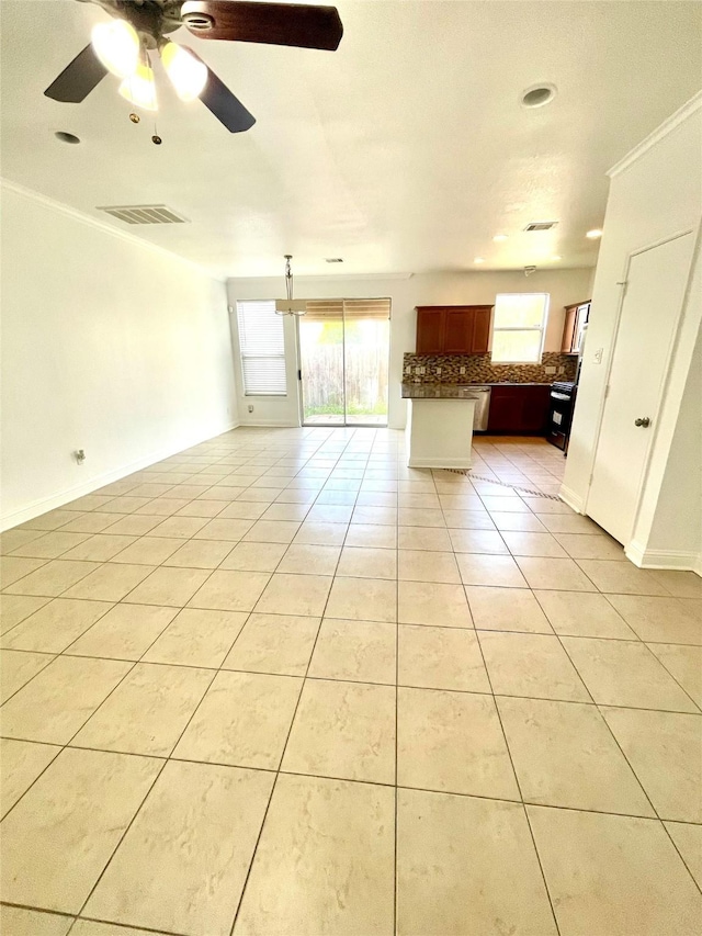 13150 Lawsons Creek Ln, Houston, TX 77072 - unfurnished living room with light tile patterned floors, a ceiling fan, and baseboards