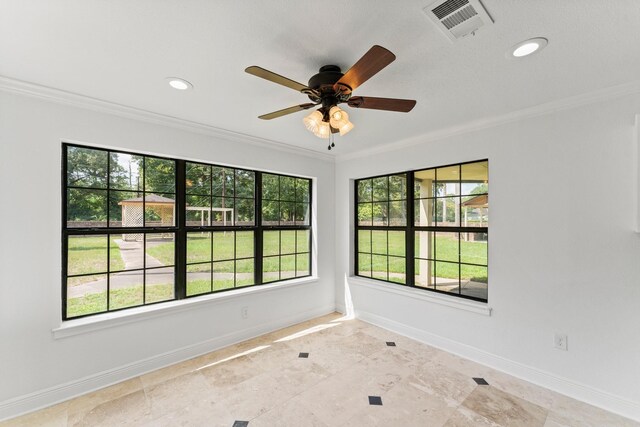 3310 Riviera Ln, Houston, TX 77338 - unfurnished room with crown molding, healthy amount of natural light, baseboards, a ceiling fan, and recessed lighting