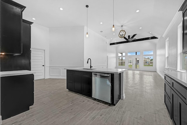 318 Little Spring Ct, Anahuac, TX 77523 - kitchen featuring dishwasher, dark cabinets, a sink, light countertops, and high vaulted ceiling