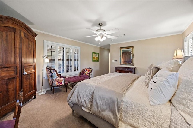 12392 Fm 355, Trinity, TX 75862 - bedroom with light colored carpet, ornamental molding, baseboards, and ceiling fan