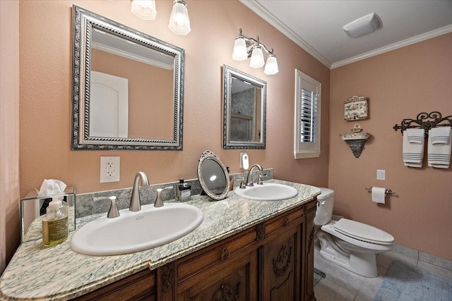 12392 Fm 355, Trinity, TX 75862 - full bath featuring toilet, ornamental molding, double vanity, and tile patterned flooring