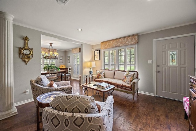 12392 Fm 355, Trinity, TX 75862 - living area featuring baseboards, healthy amount of natural light, dark wood-type flooring, a chandelier, and crown molding