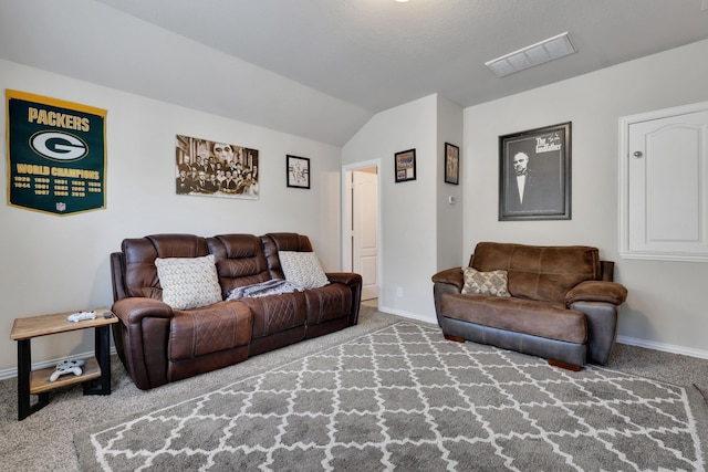 8619 Morning Dove Ln, Baytown, TX 77521 - carpeted living room featuring baseboards and lofted ceiling