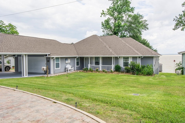 341 Sam, Houston Loop, Point Blank, TX 77364 - view of front of property featuring a porch, an attached carport, a front yard, and roof with shingles