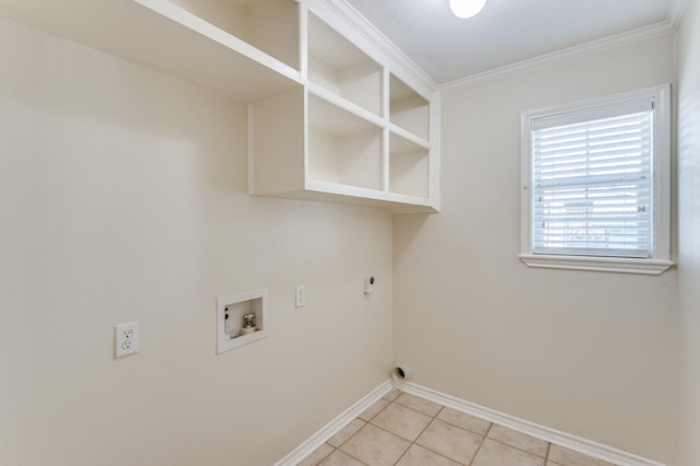 341 Sam, Houston Loop, Point Blank, TX 77364 - washroom with hookup for an electric dryer, hookup for a washing machine, baseboards, light tile patterned flooring, and crown molding
